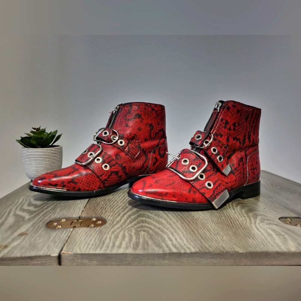 TOPSHOP Alex front zip ankle boots. Red snakeskin with buckles. Size 6.5